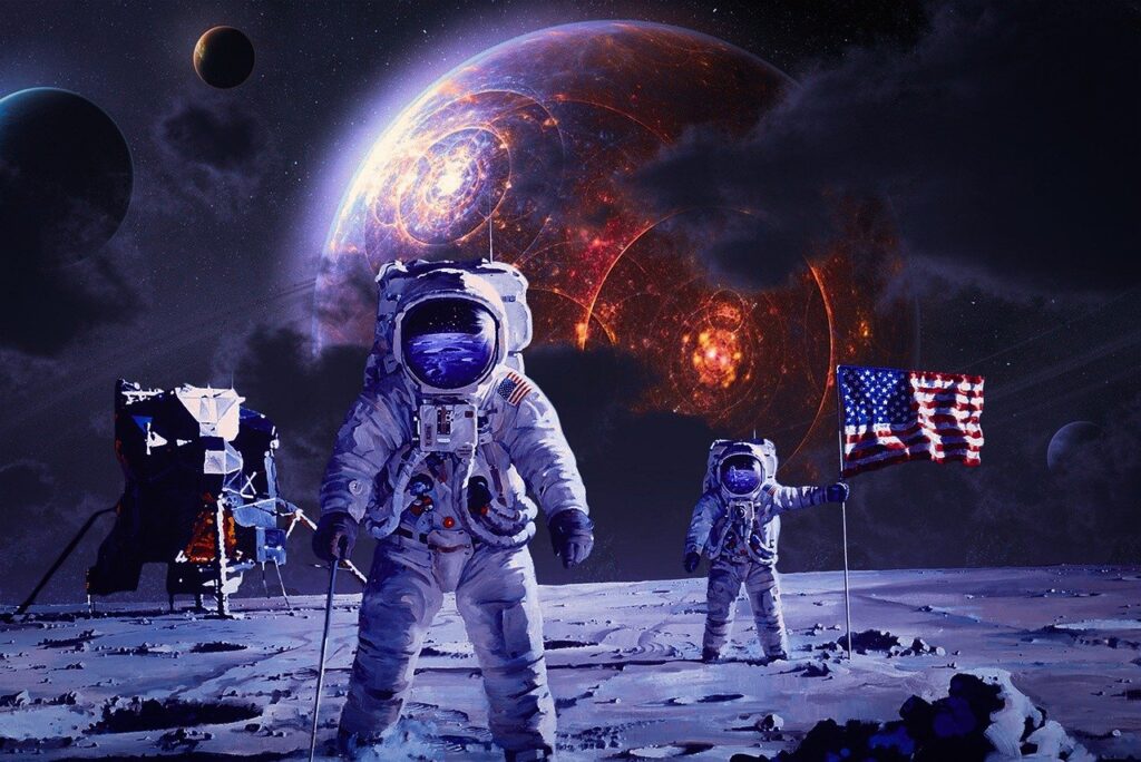 astronaut, moon, galaxy